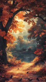 Autumn riparian corridor under volumetric golden backlight.