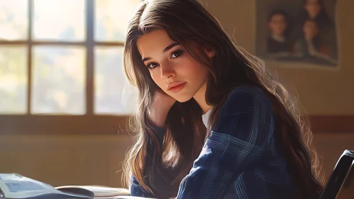 Thoughtful student rests at desk in warm backlit classroom