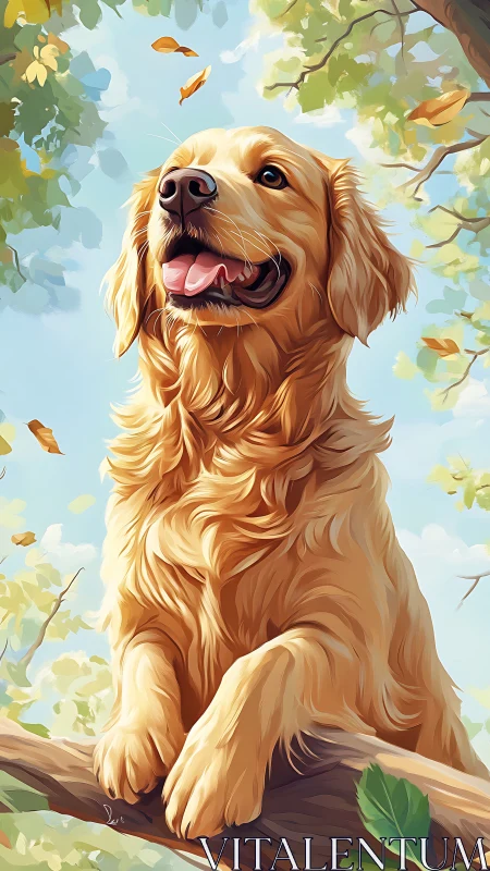 Golden retriever in sunlit treetop with playful breeze.