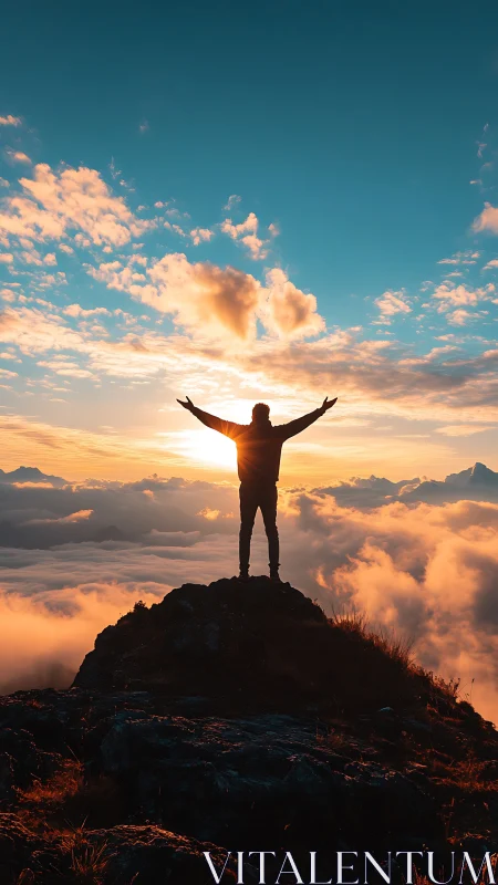 Silhouette on mountain peak embraces a blazing golden sunrise