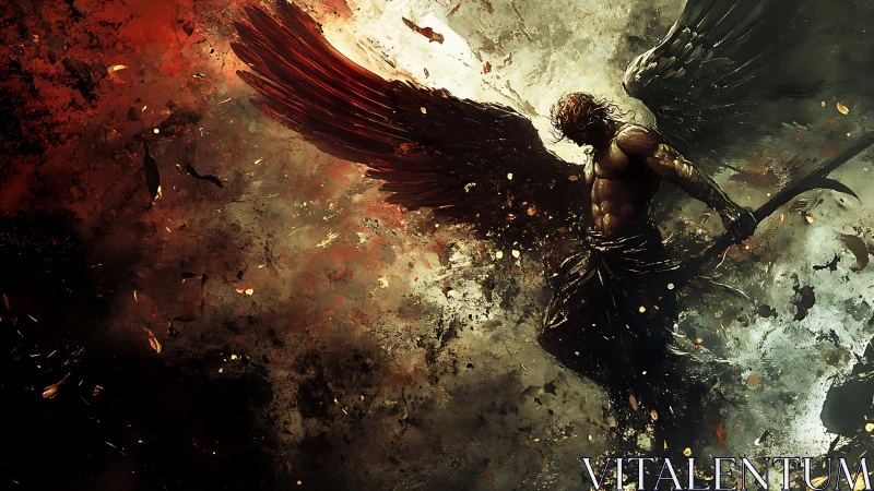 Dark winged warrior amid infernal celestial vortex.