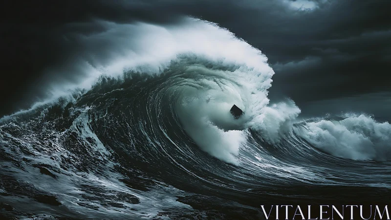 Storm-tossed wave curls around a mysterious dark object.