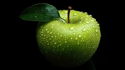 Dewy green apple glows against a dramatic black backdrop