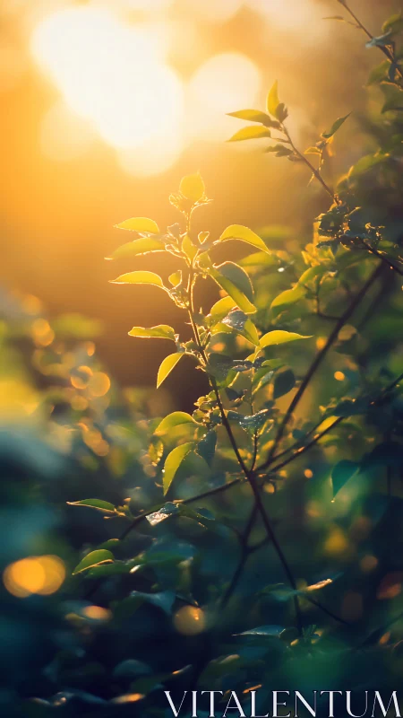 Soft sunrise glow resting gently on green leaves.
