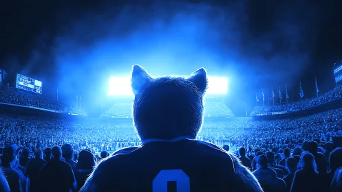 Anthropomorphic mascot observing illuminated stadium crowd.