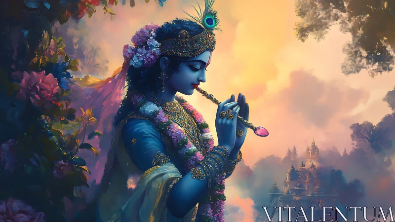 Serene blue deity plays a flute amid glowing floral clouds