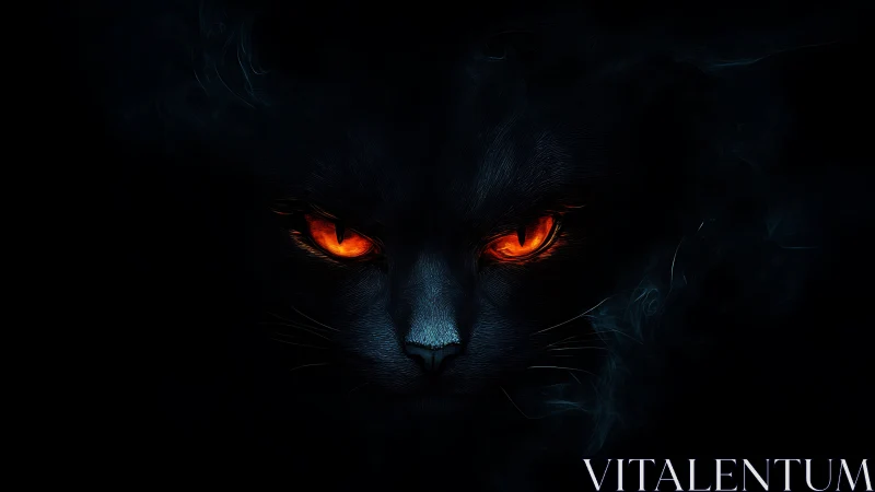 Black feline portrait with luminous orange eyes on black background.