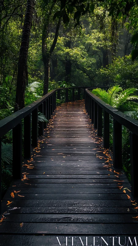Wooden Boardwalk Receding Into Dense Tropical Forest Canopy