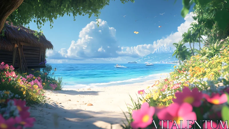 Tropical Paradise Beach With Flowering Gardens and Ocean View