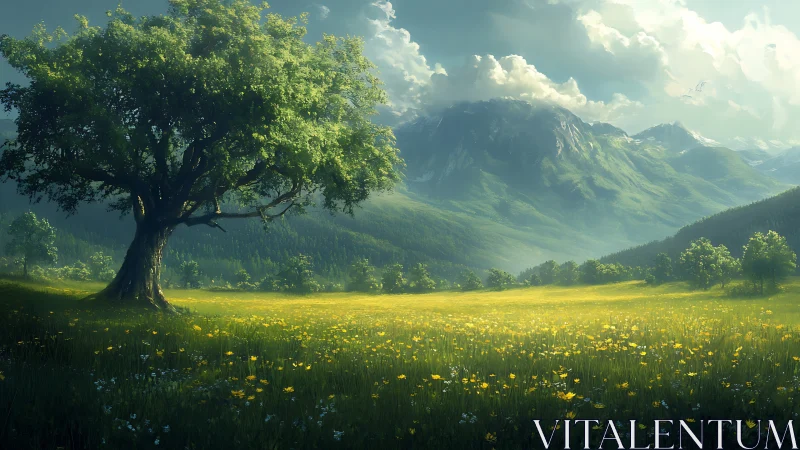 Solitary tree on sunlit meadow before distant mountains.