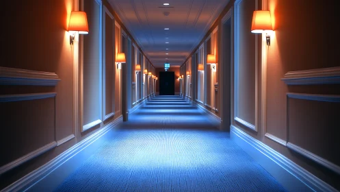 Hotel hallway glows with warm lamps and cool blue light.