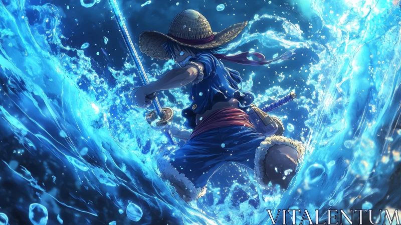 Straw-hatted warrior cuts through surging ocean spray.