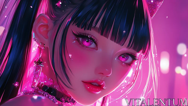 Neon magenta cyber idol portrait with reflective specular eyes.