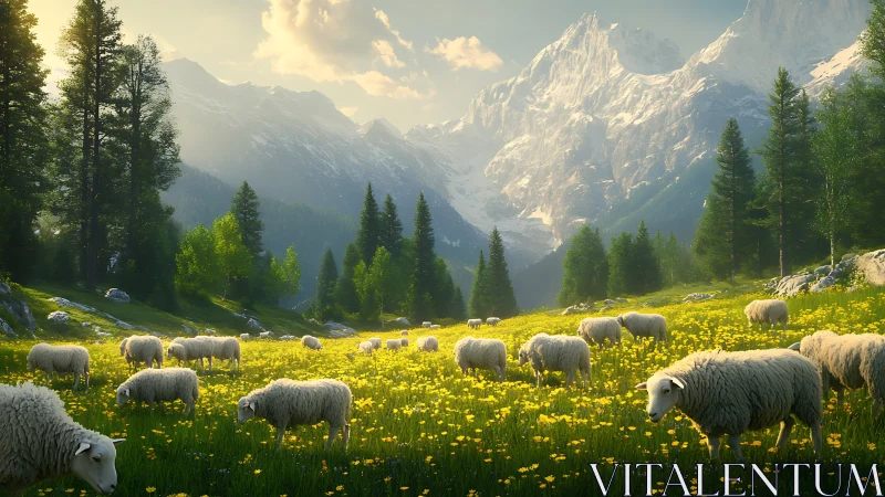 Sheep grazing on alpine meadow before distant snow peaks.