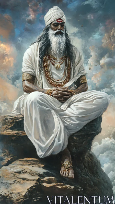 Mystic sage in white robes meditates on storm-lit summit.