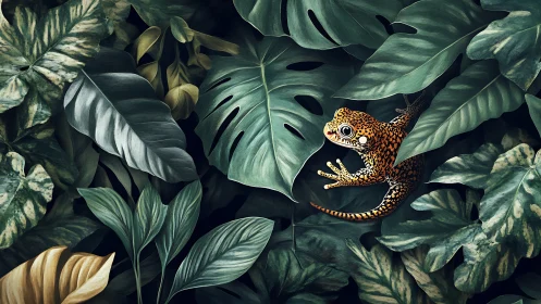 Speckled gecko emerging through layered monstera foliage matrix