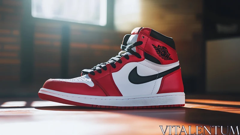 Photorealistic high-top sneaker product shot in warm studio light.