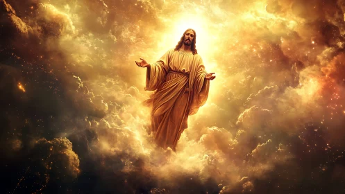 Radiant robed figure ascending through golden heavenly clouds.