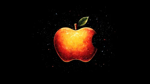 Glowing bitten apple silhouette on dark starry background.