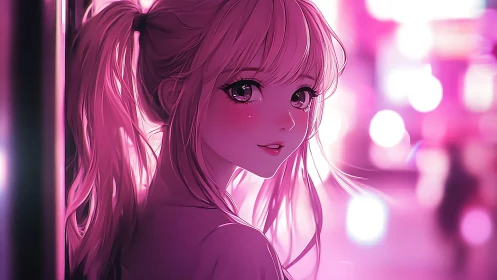 Neon evening ponytail girl catching starlight in her smile.