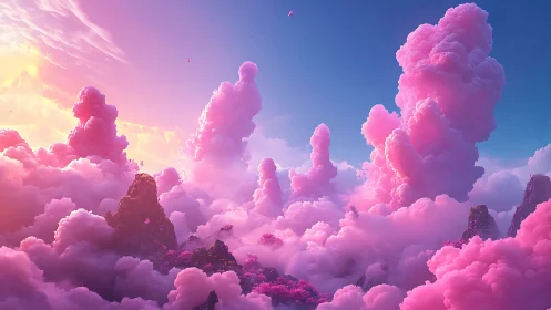 Iridescent pink cloud spires above misty fantasy peaks.