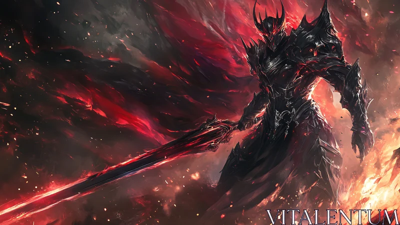 Armored dark knight holds flaming sword in fiery void