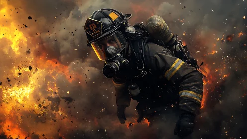 Inferno Rescuer: Firefighter Charging Through Blazing Maelstrom.