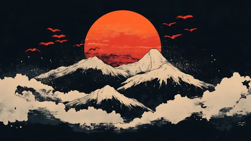 Crimson sun over stylized snow peaks in graphic contrast.