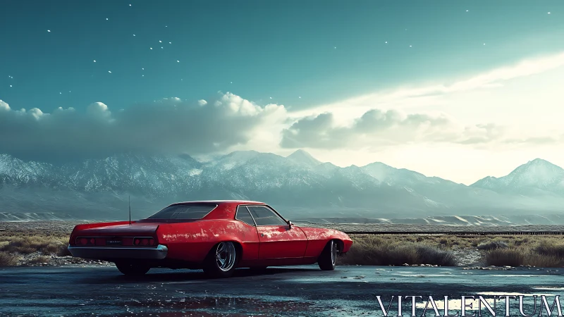 Red muscle car waits beneath vast, snowcapped mountain skies