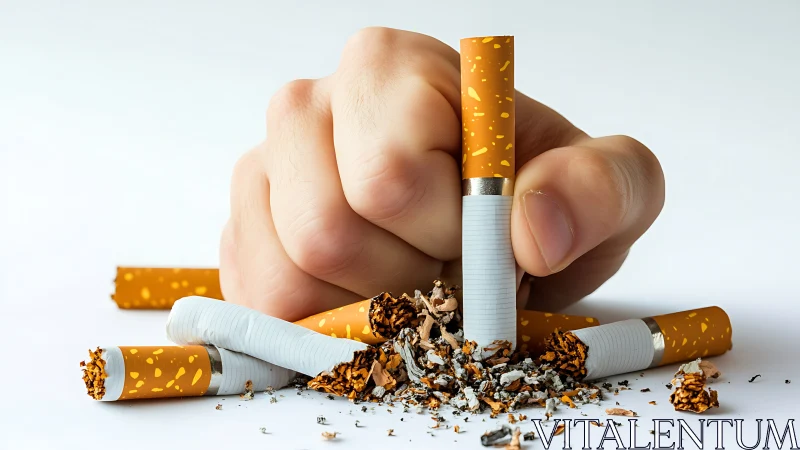Hand crushes scattered cigarettes in decisive anti-smoking act.