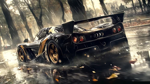 Rain-soaked hypercar drifting through reflective city streets.