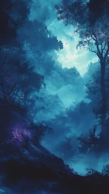 Misty Forest Valley with Glowing Sky Through Canopy