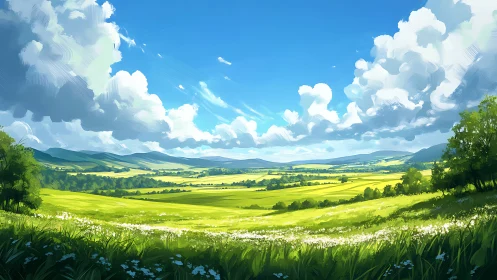 Panoramic valley landscape uses saturated palette and stylized clouds