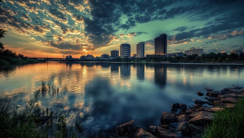 Urban skyline mirrored in river under vivid teal sunset.