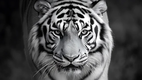 Monochrome frontal portrait isolates a tiger’s intense gaze