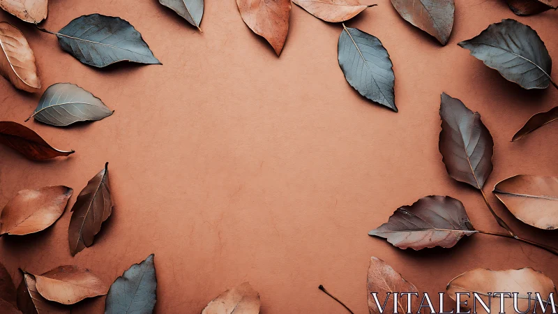 Dried autumn leaves frame warm terracotta background space