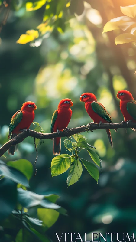 Scarlet parrots line branch under filtered jungle light.