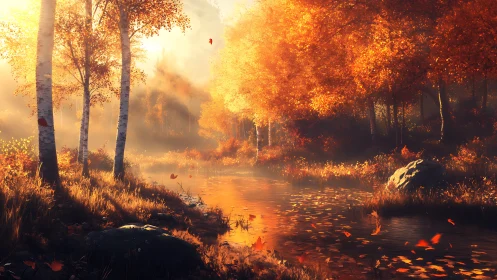 Radiant volumetric autumn forest rendered along calm stream.