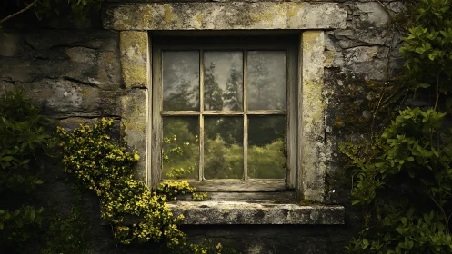 Weathered cottage window opening gently to quiet greenery.