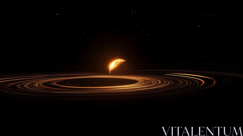Glowing planetary body above concentric orbital ring field.
