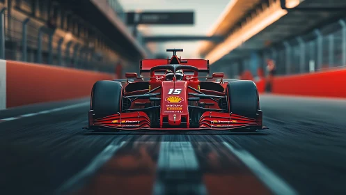 Scarlet speed machine charges down the empty pit lane.