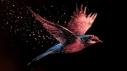 Radiant cosmic bird in flight against a starry night sky.
