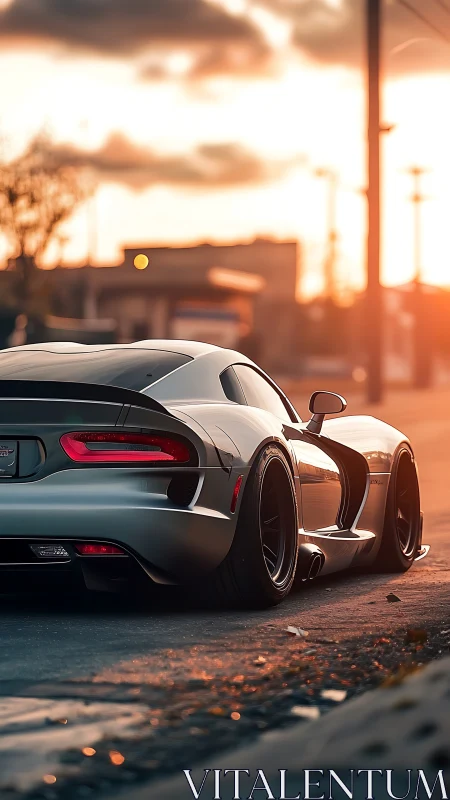 Silver sports coupe on urban street at sunset light.