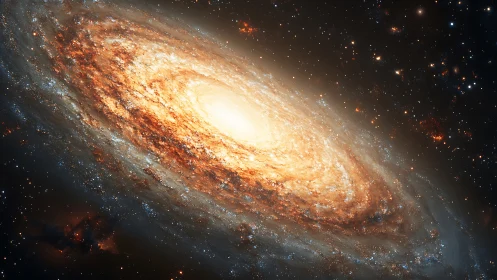 Spiral galaxy with bright core and dense star field in space.