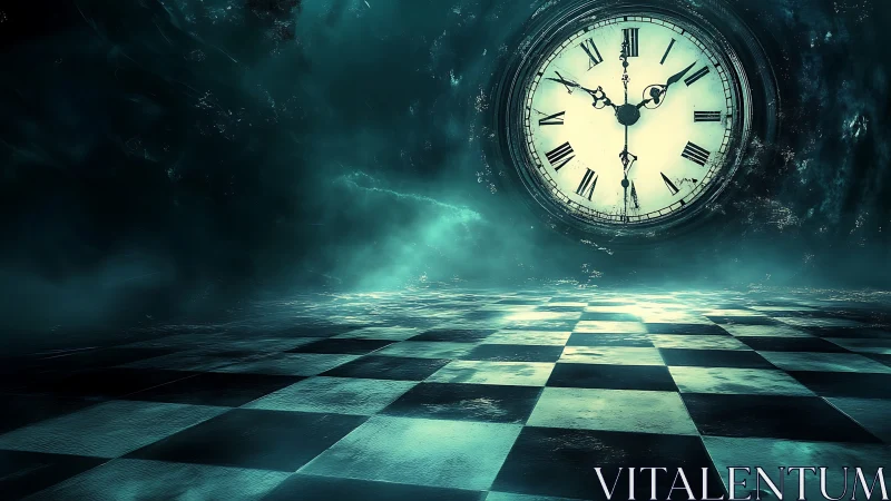 Large glowing clock over misty teal checkerboard floor.