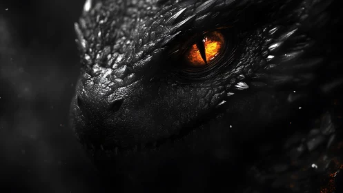 Ember-eyed dragon gazing through swirling twilight shadows.