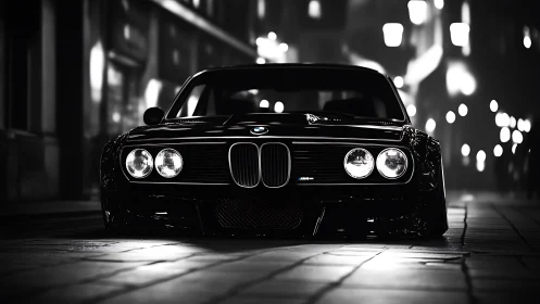 Classic BMW coupe prowls a moody city street at night