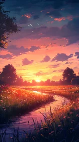 Sunset river landscape with meadow, clouds and distant trees.