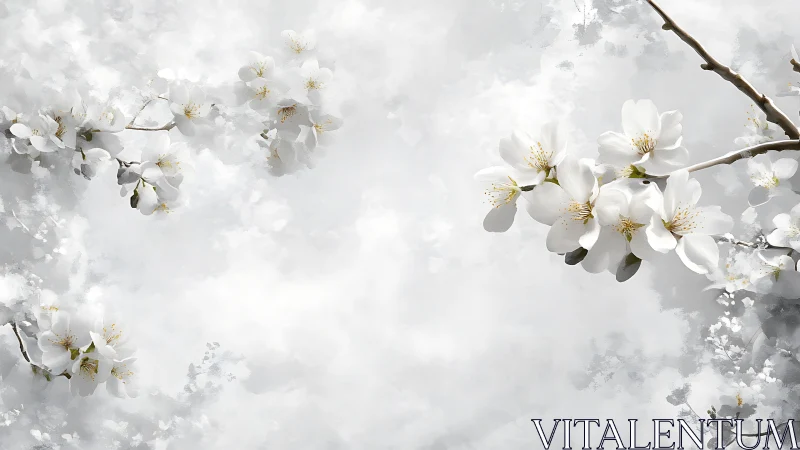 White blossoms with golden stamens on branches, soft atmospheric background