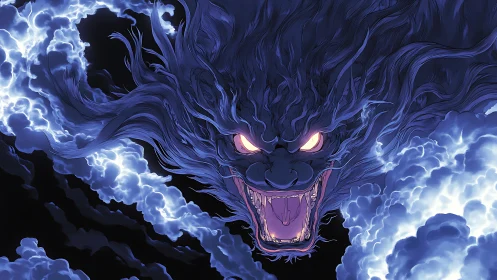 Storm demon emerges roaring from lightning-charged clouds.